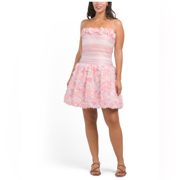 Tadashi Shoji Akina Strapless Rosette Mini Dress Pink Pastel Size 10 - Picture 1 of 2